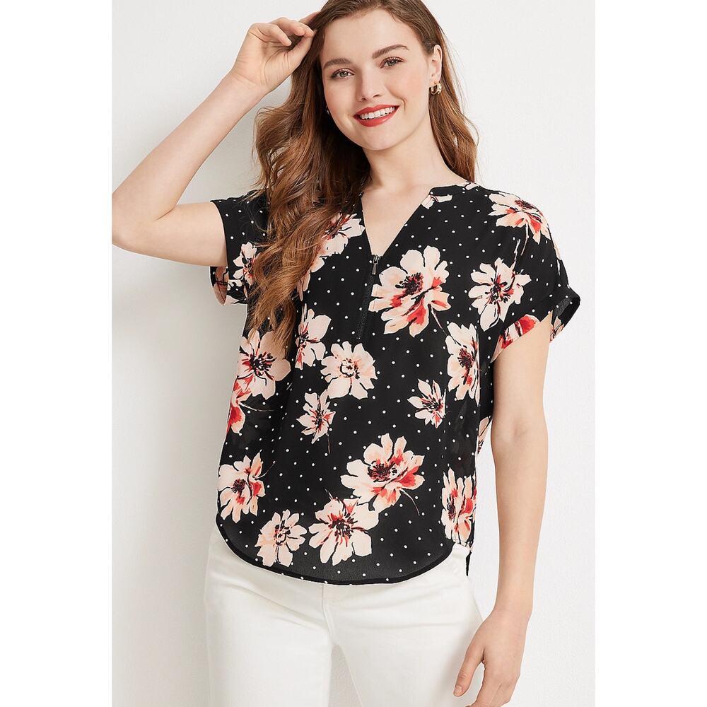 Maurice’s Geneva Floral Dot Zip Neck Top